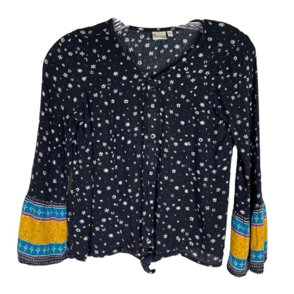 Mudd Top Girls Black Multi Color Button Down Tie Waist Floral Flare Sleeves 10